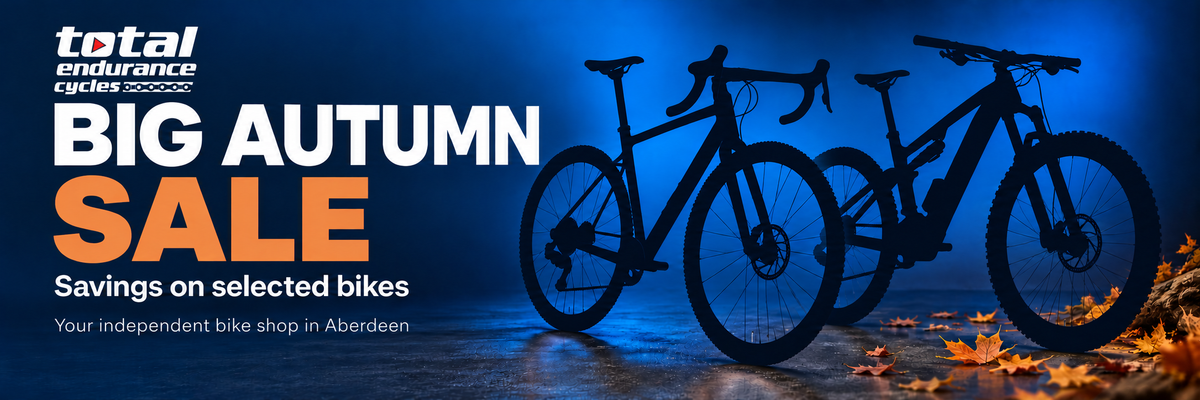 Total Endurance Cycles Big Autumn Sale banner with bicycle silhouettes, Aberdeen